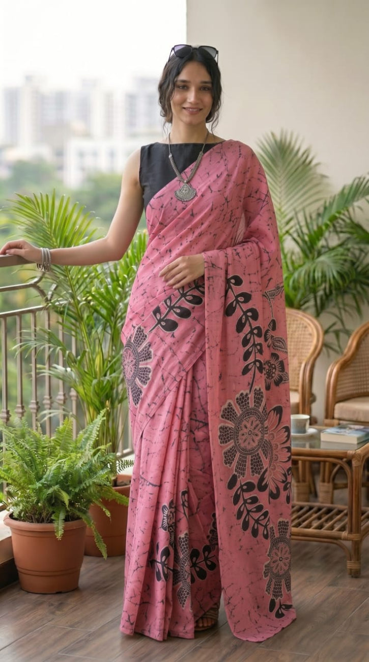ROSE PINK WITH BLACK FLORAL PRINT MULMUL COTTON SAREE