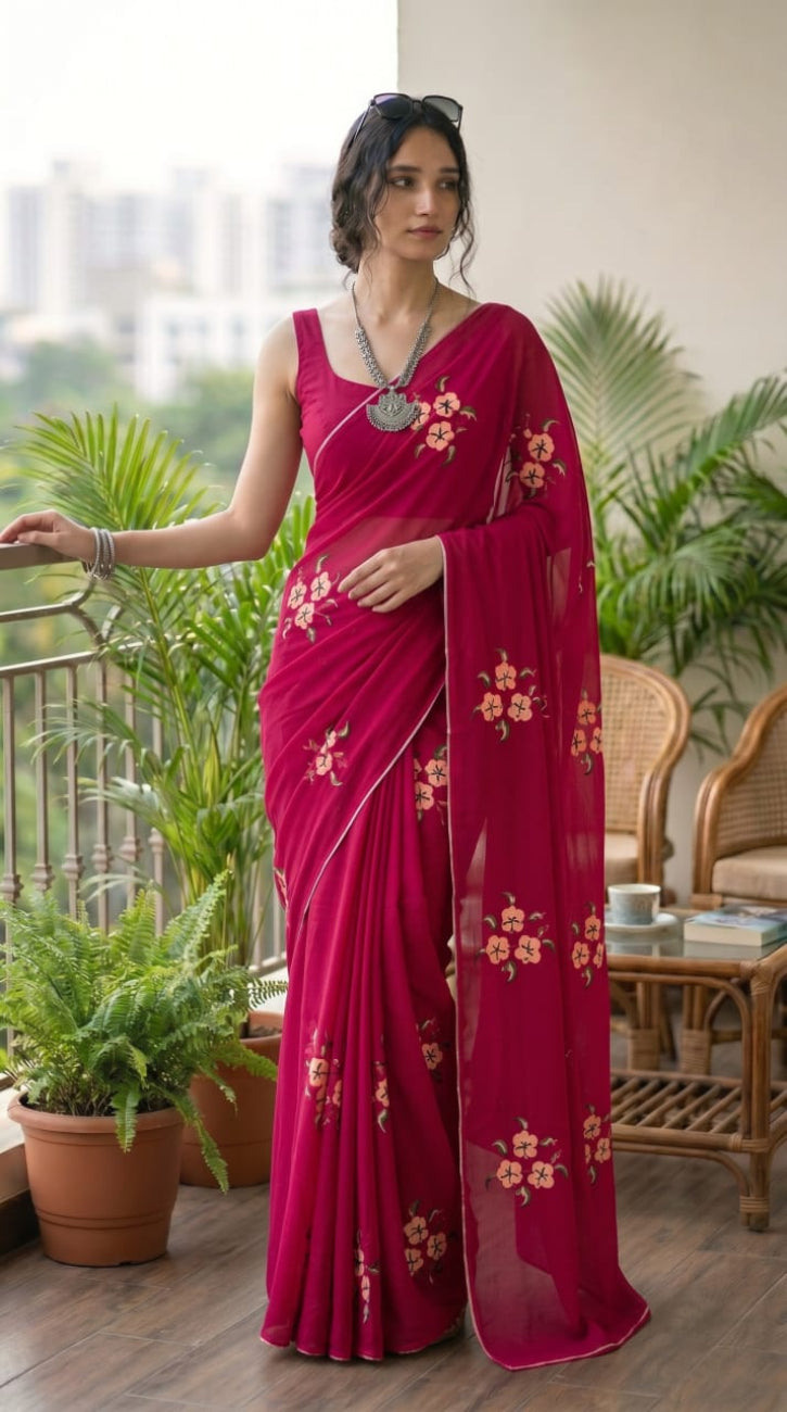 RANI PINK FLORAL PRINTS MULMUL COTTON SAREE