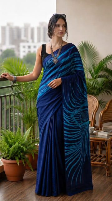 BLUE COLOR  PRINTED MULMUL COTTON SAREE
