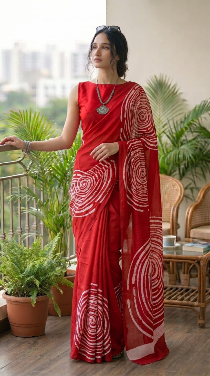 RED COLOR WITH WHITE SPIRAL PRINT MULMUL COTTON SAREE