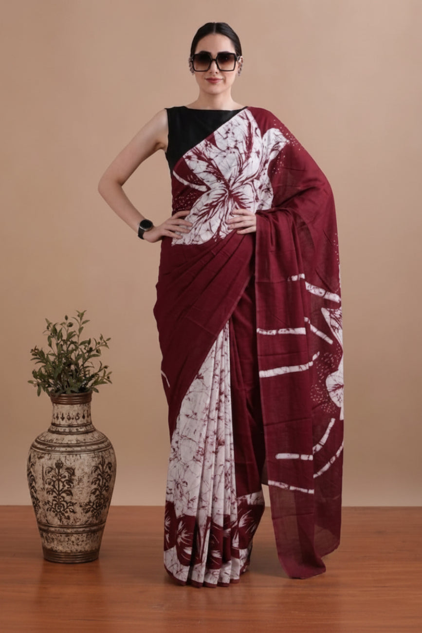MAROON AND WHITE MULMUL COTTON SAREE