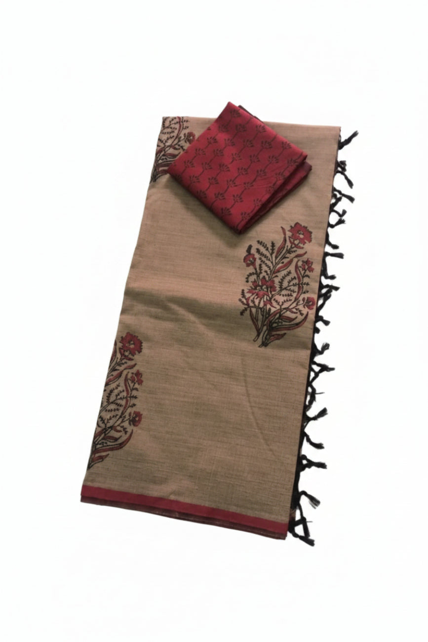 EARTHY BROWN AND MAROON COLOR PRINTED SOUTH COTTON SAREE