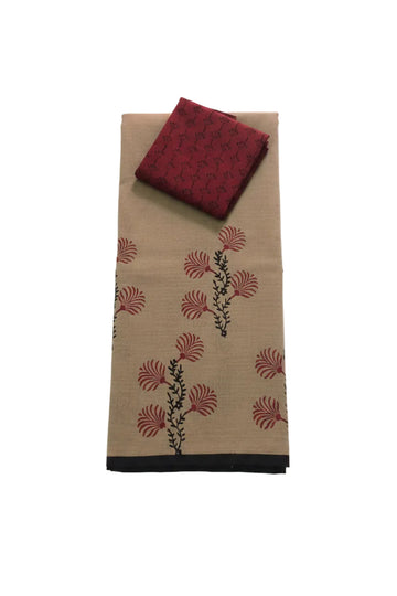 BEIGE WITH MAROON COLOR PRINTED SOUTH COTTON SAREE