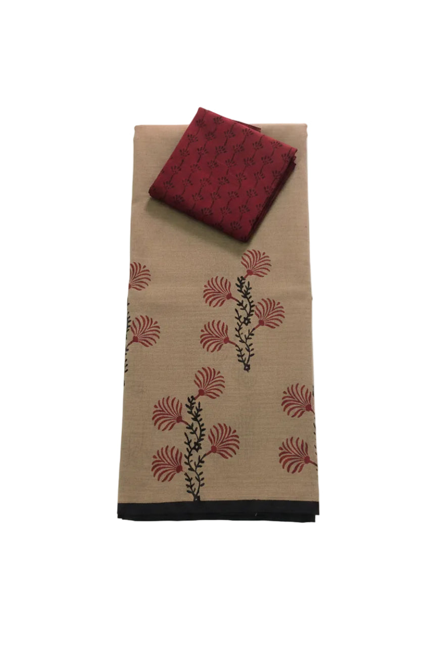 BEIGE WITH MAROON COLOR PRINTED SOUTH COTTON SAREE