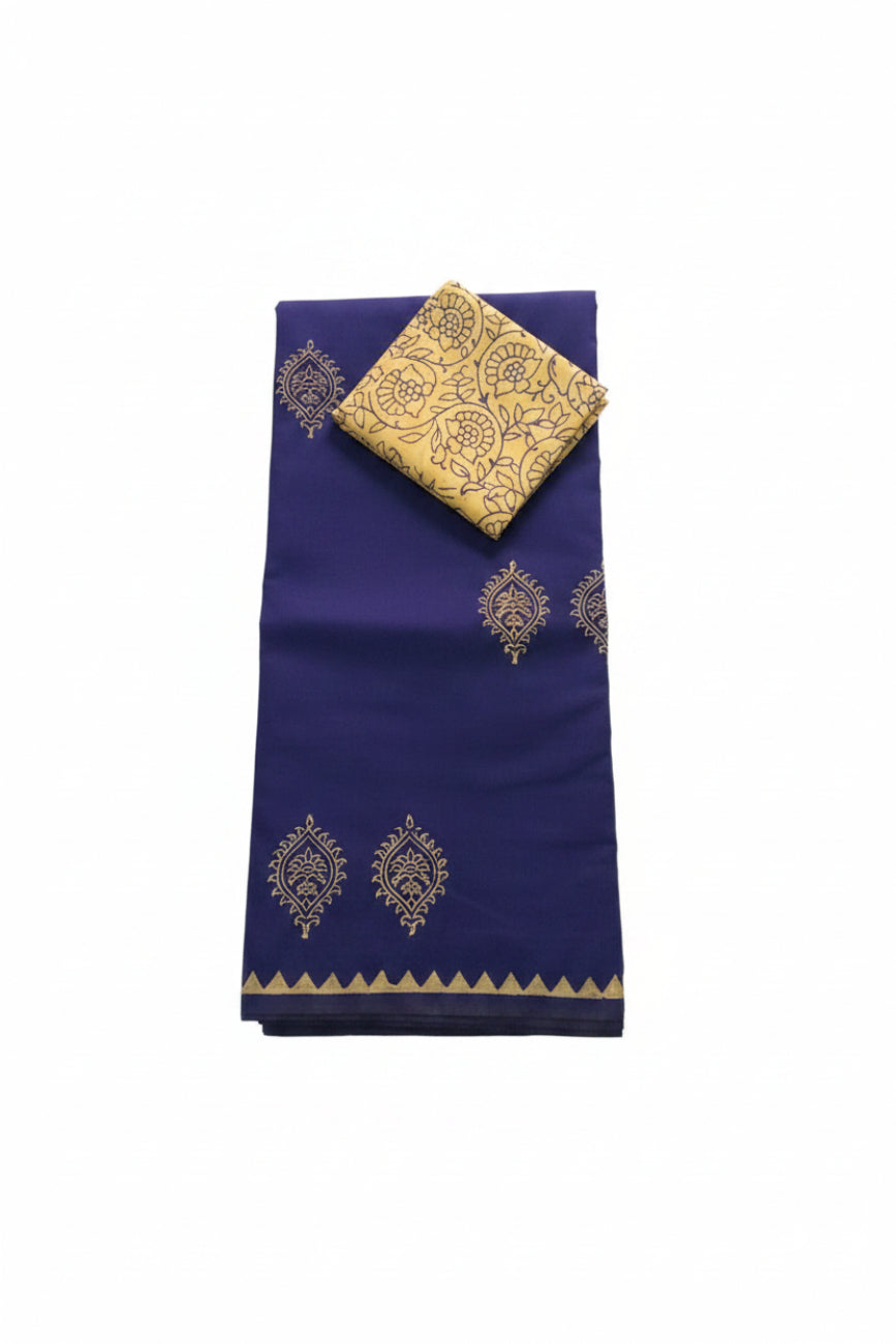 INDIGO BLUE WITH MUSTARD YELLOW FLORAL PRINT SOUTH COTTON SAREE