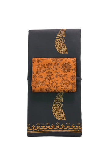BLACK WITH ORANGE COLOR PRINT SOUTH COTTON SAREE