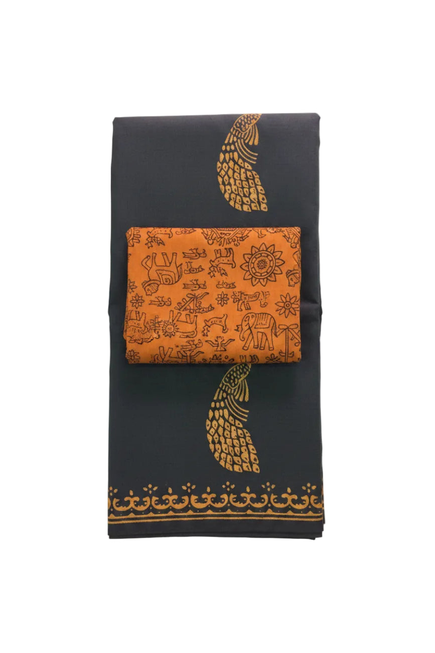 BLACK WITH ORANGE COLOR PRINT SOUTH COTTON SAREE