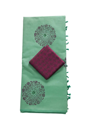 MINT GREEN WITH WINE PURPLE SOUTH COTTON SAREE