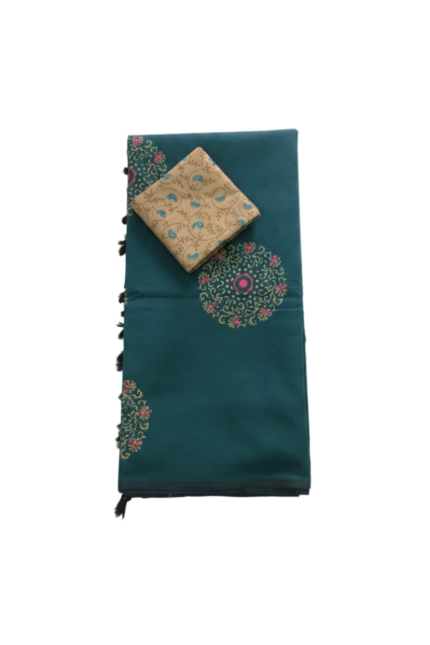 DARK PEACOCK BLUE AND BEIGE COLOR SOUTH COTTON SAREE