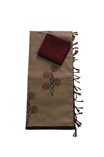 EARTHY BROWN WITH MAROON COLOR PRINTED SOUTH COTTON SAREE