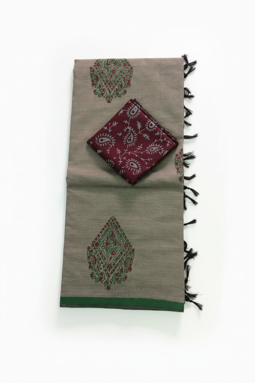 SAGE GREY AND MAROON SOUTH COTTON SAREE