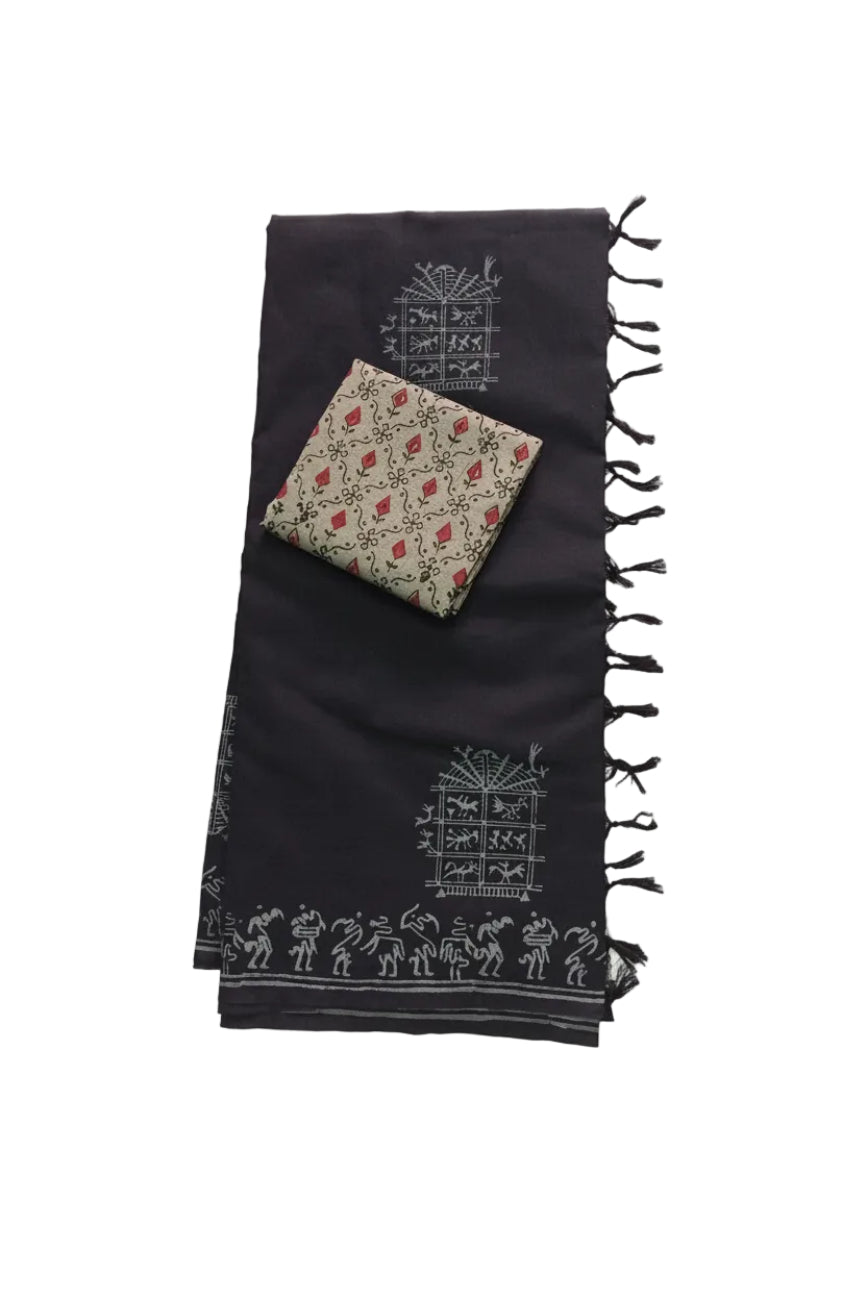 BLACK MATCHING PRINTED BLOUSE PIECE SOUTH COTTON SAREE