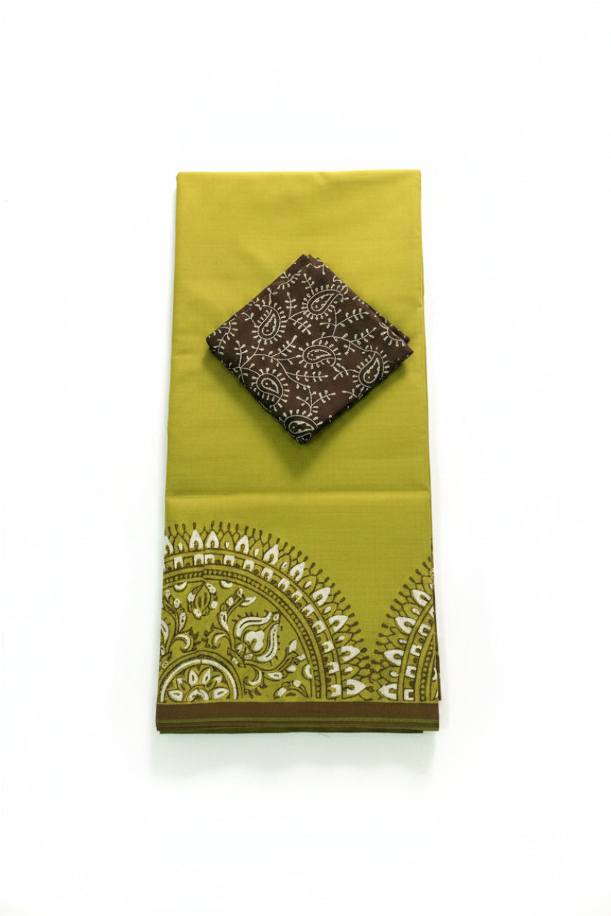 Elegant Olive Green Dark With Brown Printed Blouse Piece South Cotton Saree