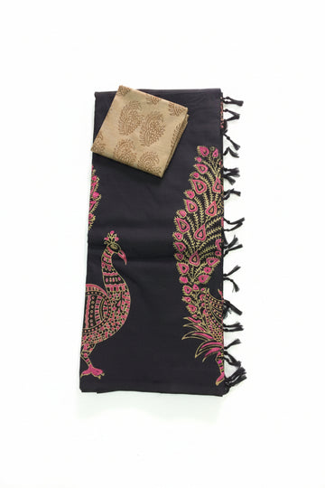 Black With Peacock & Floral printed south cotton saree