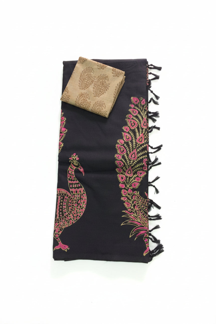 Black With Peacock & Floral printed south cotton saree
