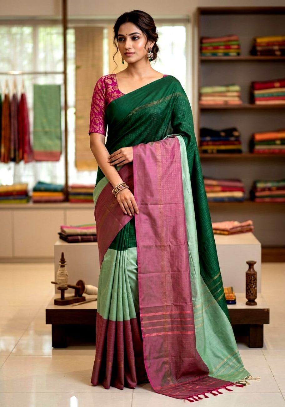 Deep green,pastel green and rich magenta triple color aarani silk saree