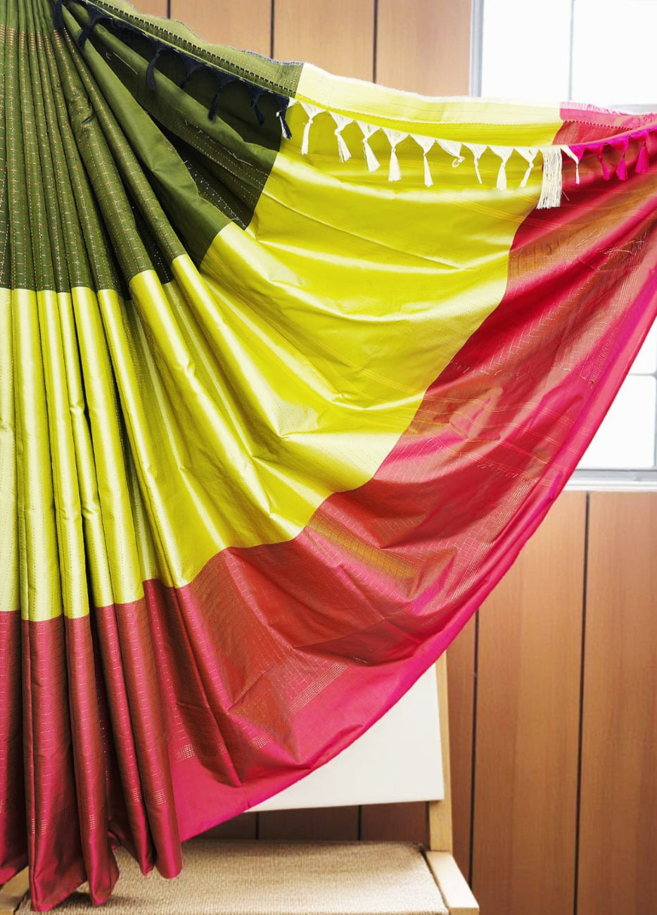Olive green,lemon yellow and magenta color aarani triple color silk saree