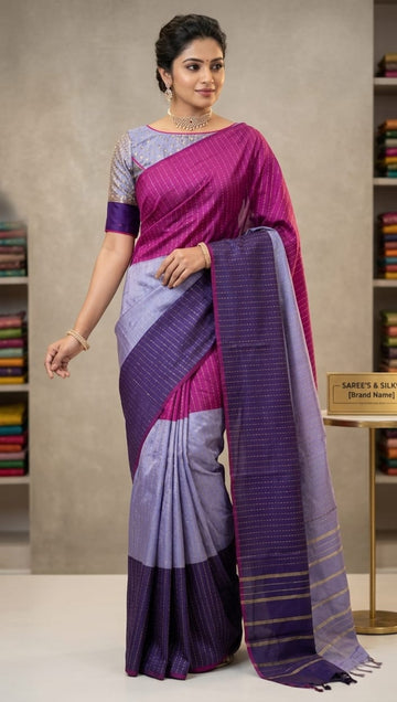 Magenta,lavender and deep purple aarani triple color silk saree