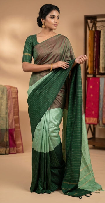 Deep green mint green and mauve color triple color aarani silk saree