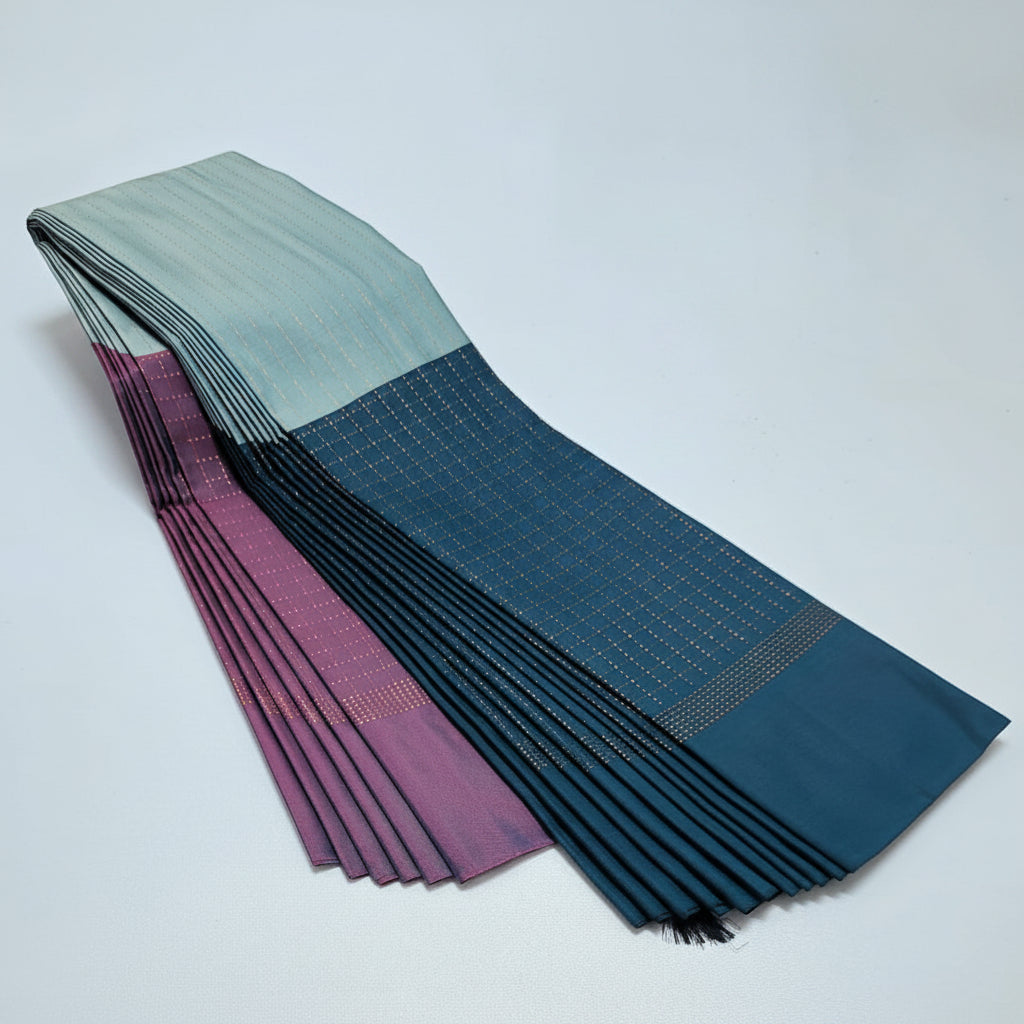 Magenta,light blue and teal blue aarani triple color silk saree