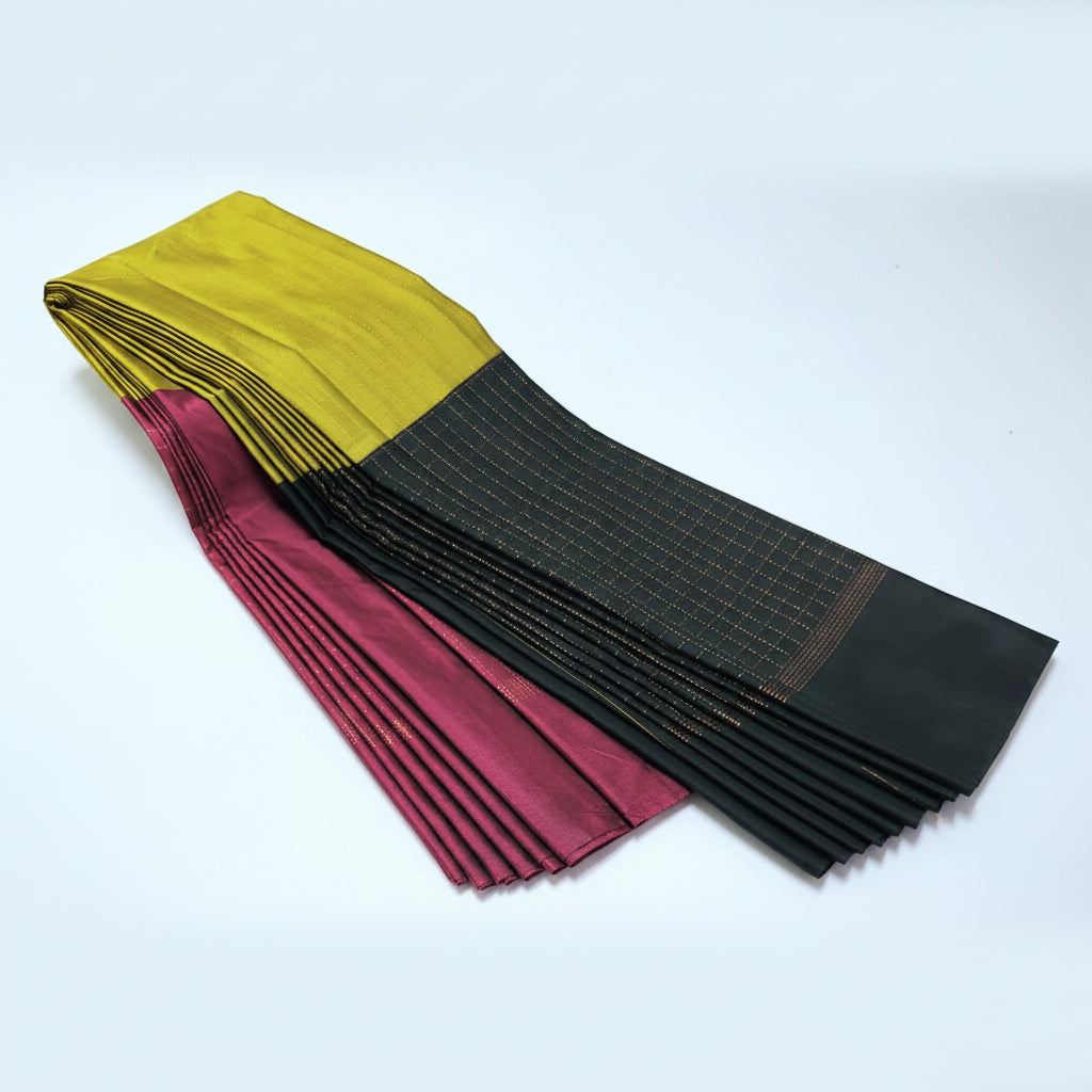 Wine,yellow and black color aarani triple color silk saree
