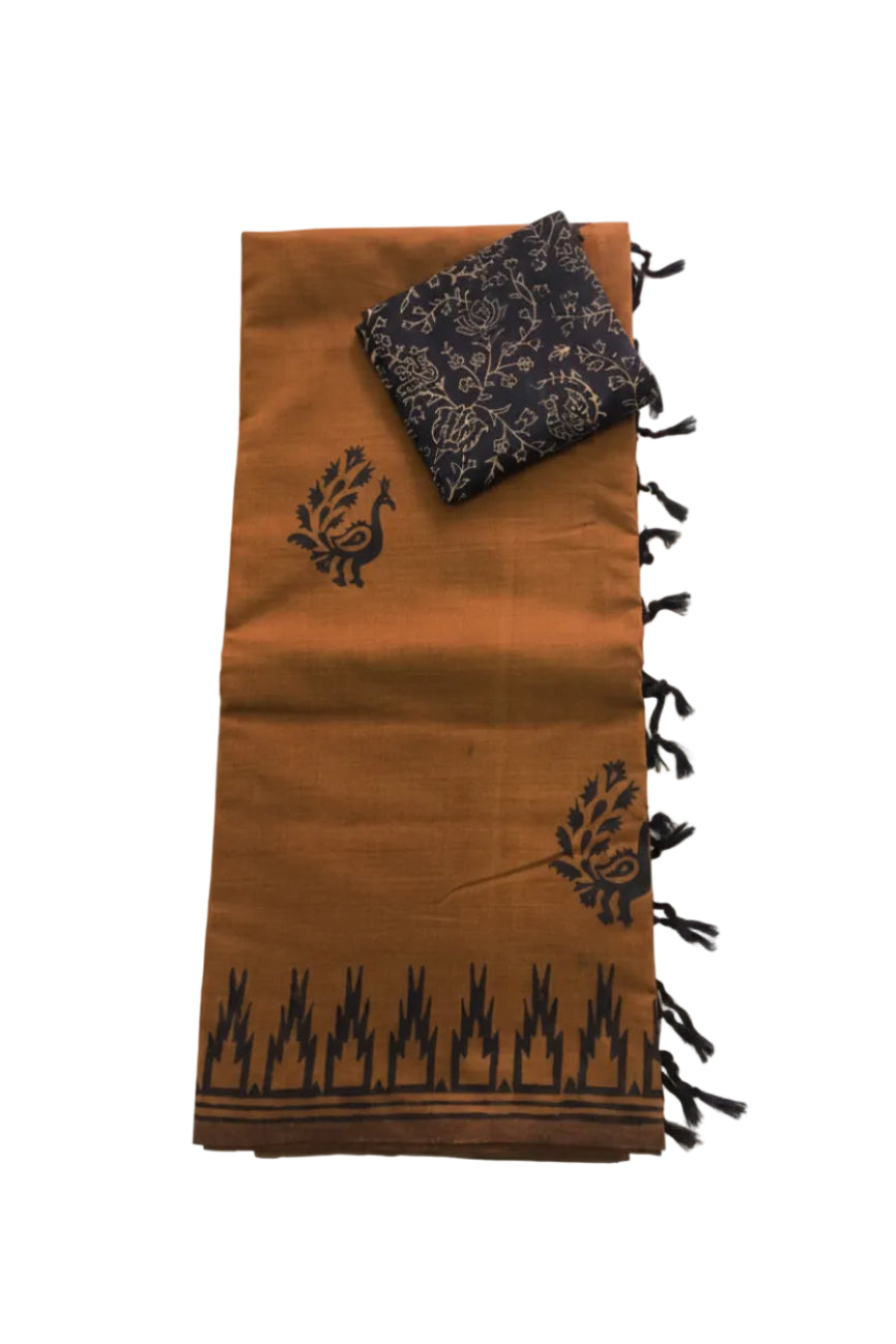 Earthy Brown South Cotton Saree with Block Printed Peacock Motifs & Contrast Floral Blouse