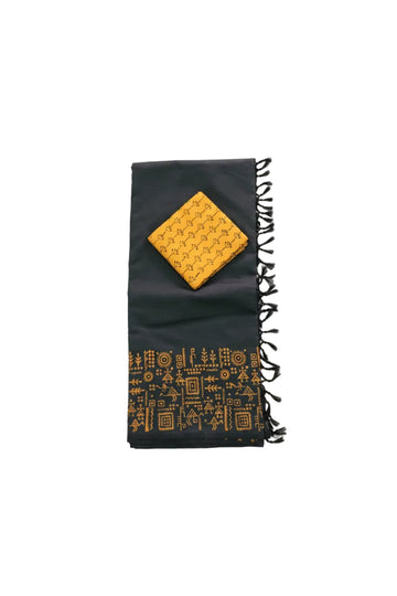 Charol black with mustard yellow printed south cotton saree