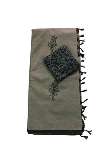 Elegant Muted Olive Grey South Cotton Saree with Block Printed Floral Motifs &amp; Contrast Blouse