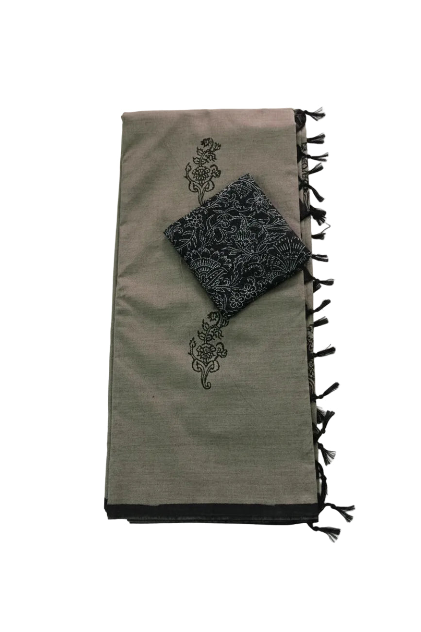 Elegant Muted Olive Grey South Cotton Saree with Block Printed Floral Motifs &amp; Contrast Blouse