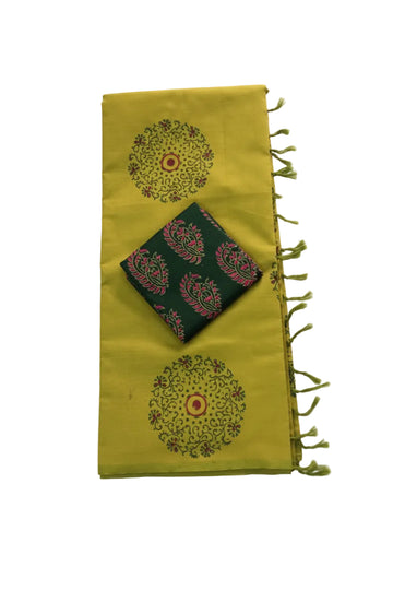Lime green color with dark green color printed  south cotton saree