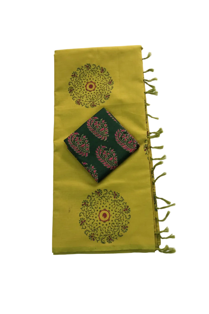 Lime green color with dark green color printed  south cotton saree