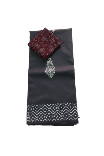 Charcol grey with white printed south cotton saree