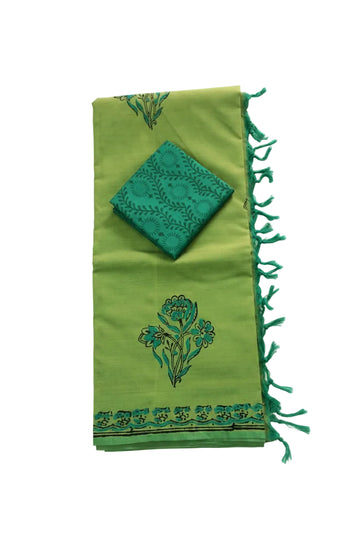 Olive green with emerald green printed south cotton saree
