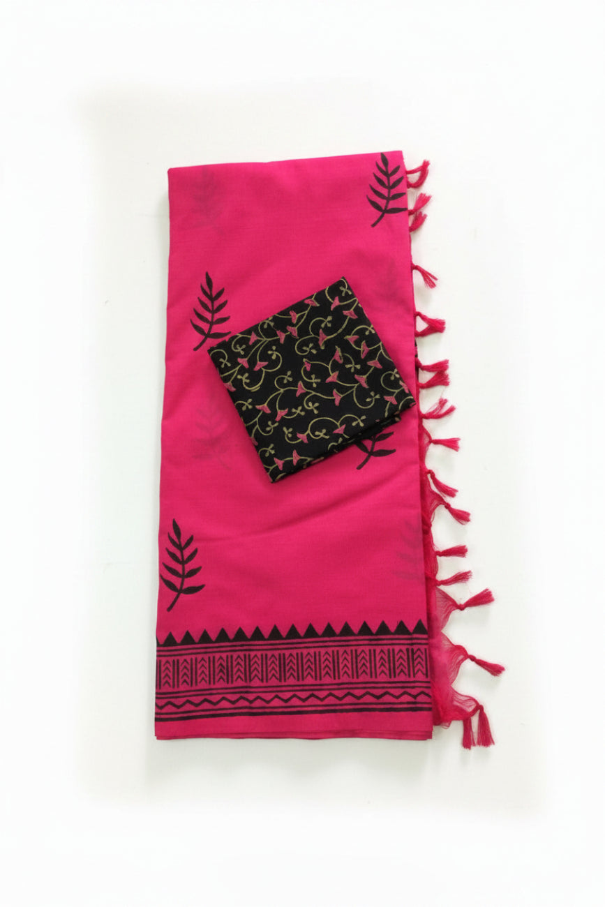 Rani pink with black printed south cotton saree