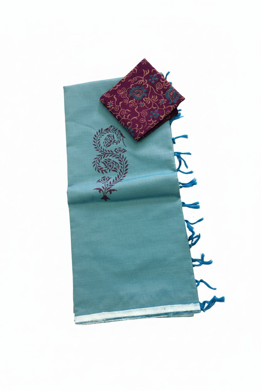 Teal blue wth deep purple printed south cotton saree