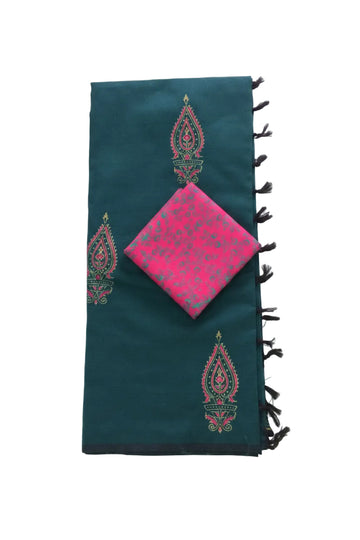 Peacock green with rani pink printed  south cotton saree
