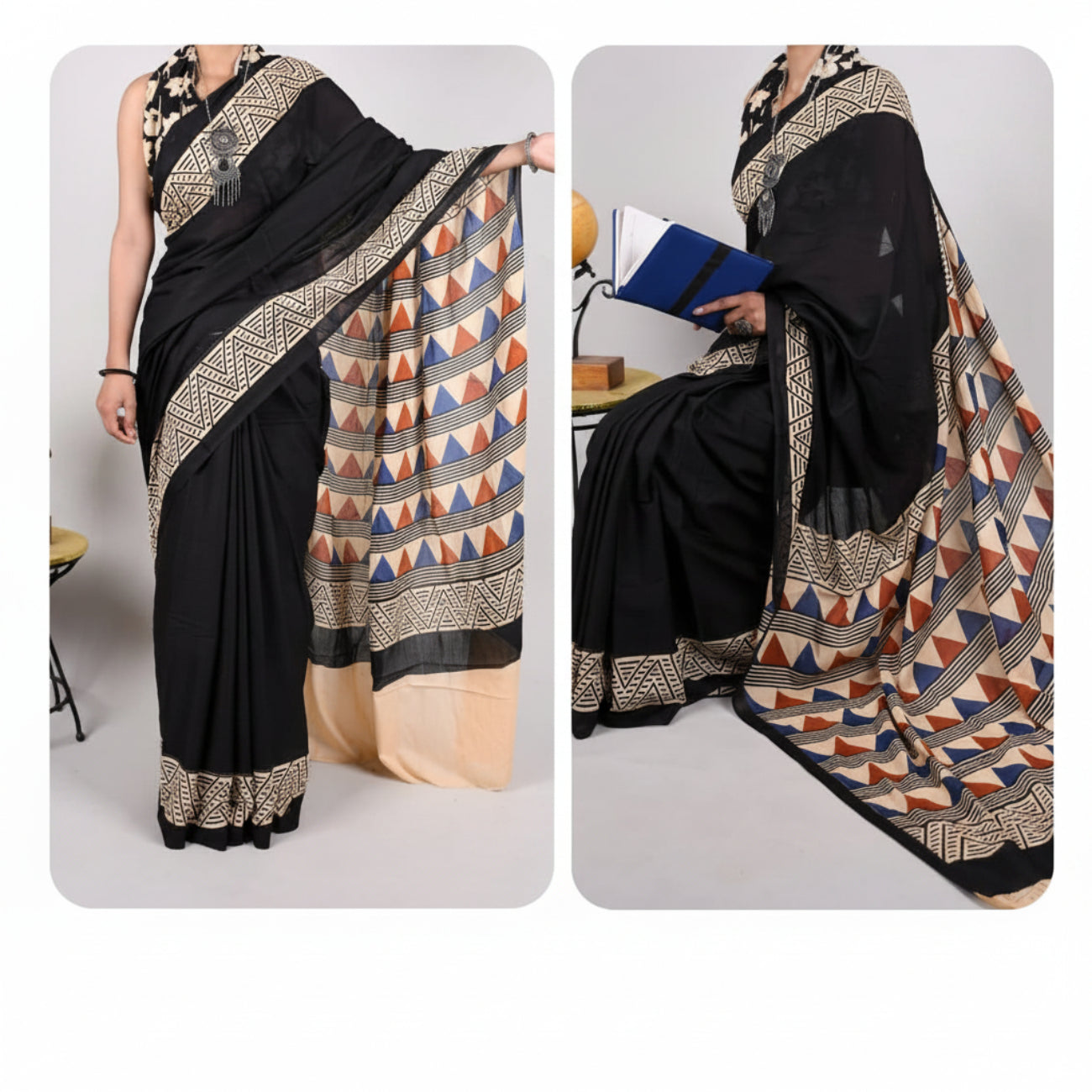 Black colour with cream  floral print Mulmul Cotton saree
