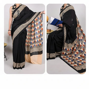 Black colour with cream  floral print Mulmul Cotton saree