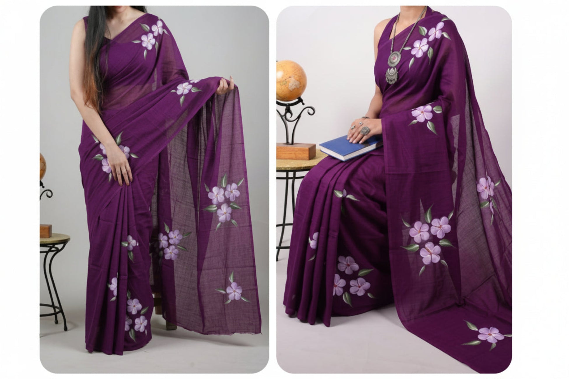 Wine Purple with light pink white and green floral print Mulmul cotton saree