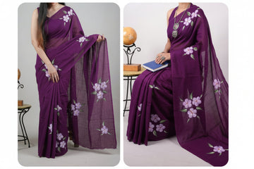 Wine Purple with light pink white and green floral print Mulmul cotton saree