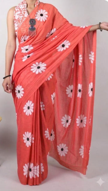 Orange with white floral print mulmul cotton saree
