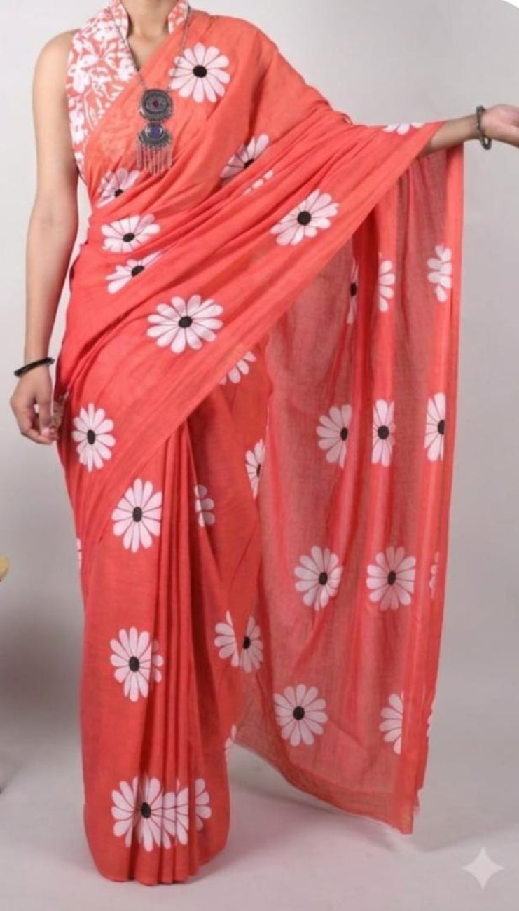 Orange with white floral print mulmul cotton saree
