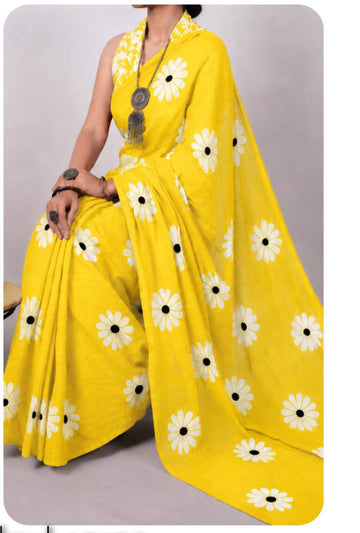 Yellow color with white floral print mulmul cotton saree