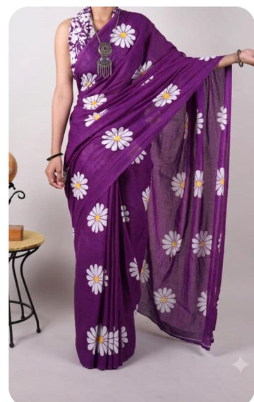 Purple color with white floral print mulmul cotton saree