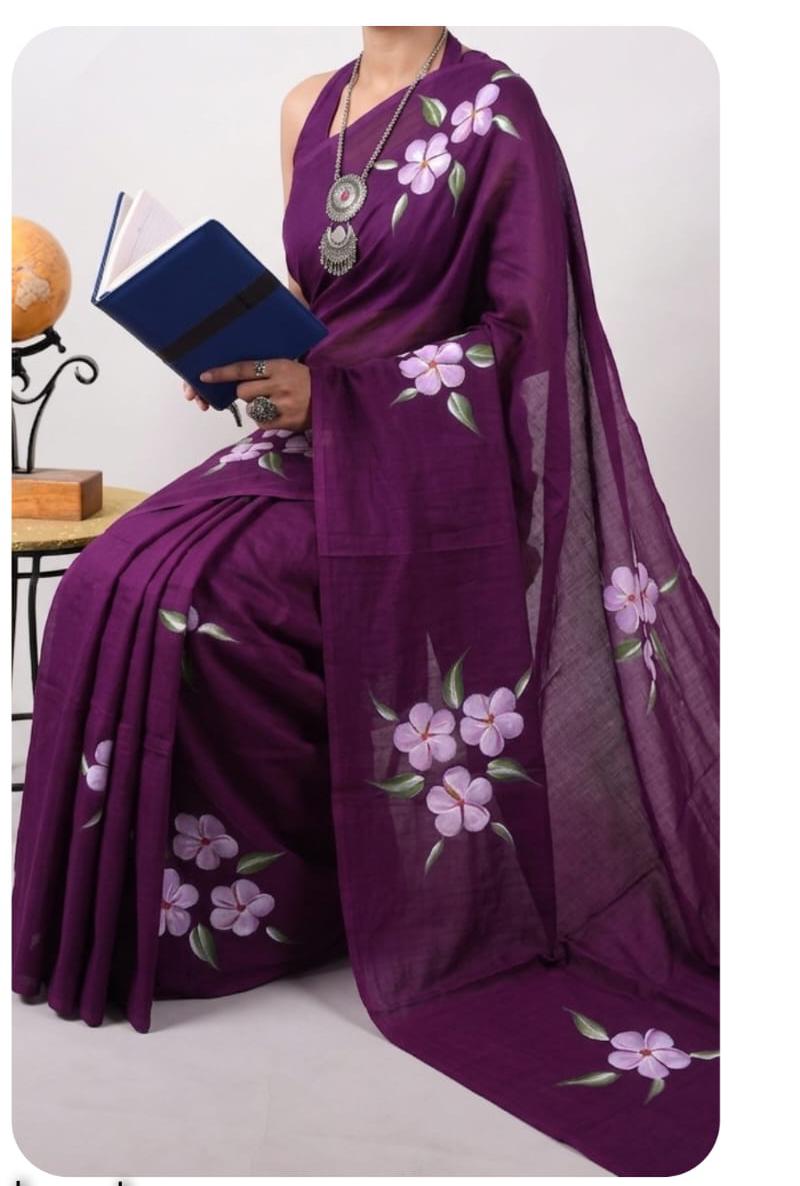 Deep purple color with white floral print mulmul cotton saree