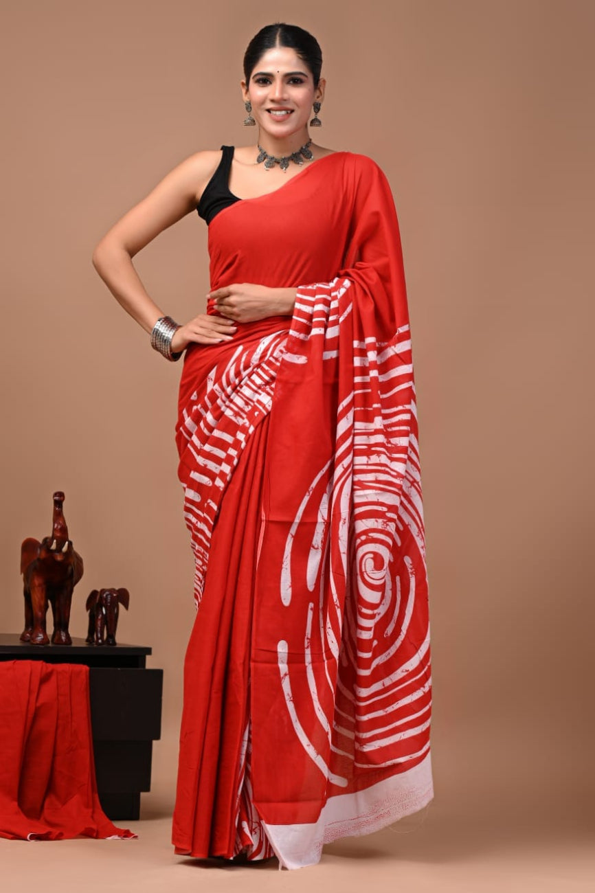 Red Color with white floral print Mulmul cotton saree