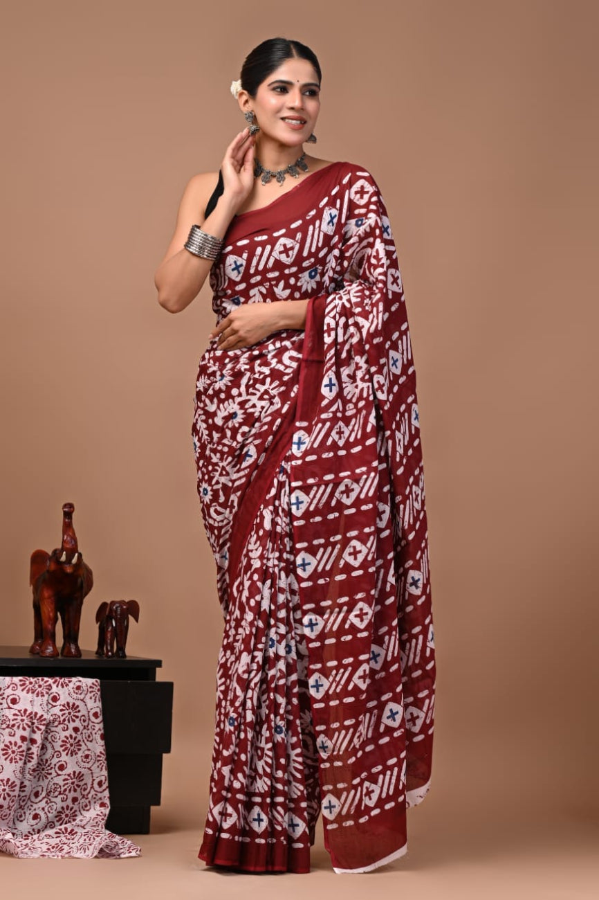 Deep Maroon color with white mulmul cotton saree