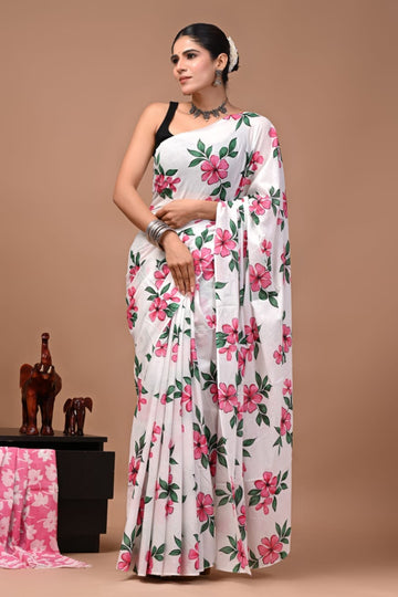 White color with pink and green leaf floral print mulmul cotton saree
