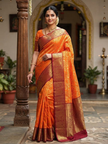 Orange color all-self silk saree
