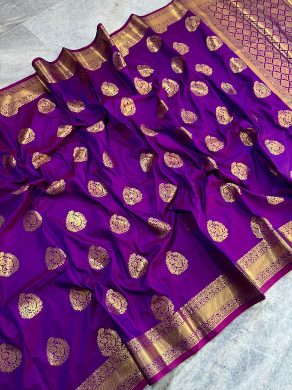 Deep purple with golden zari work banarasi silk saree